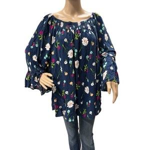 Terra & Sky Womens Blue Floral 3/4 Bell Sleeve Smocked Neckline Pullover Blouse